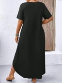 Kadın Kısa Kollu Bisiklet Yaka Cepli Salaş Viskon Elbise thumbnail 3