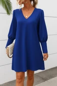 Kadın Uzun Kollu V Yakalı Kısa Ithal Krep Elbise thumbnail 3