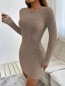 Kadın Uzun Kollu Bisiklet Yaka şardonlu Kalın Fitilli Kaşkorse Mini Boy Elbise thumbnail 1