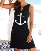 Kadın Kolsuz Halka Detay çıpa Baskılı Viskon Elbise thumbnail 1