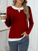 Kadın Uzun Kollu V Yakalı çift Renkli Viskon Iki Iplik Bluz thumbnail 2