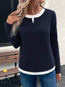 Kadın Uzun Kollu V Yakalı çift Renkli Viskon Iki Iplik Bluz thumbnail 1