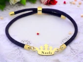 14 Ayar Altın Plakalı İsme Özel Taç Figürlü Koyu Mor Örgü İpli Hediye Bileklik-623 thumbnail 1