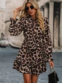 Kadın Uzun Kollu Yakadan Bağcıklı Modal Leopar Desenli Mini Elbise thumbnail 1