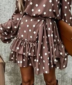 Kadın Uzun Kollu V Yakalı Belden Kuşaklı Puantiyeli Mini Modal Elbise thumbnail 3