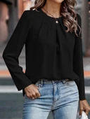 Kadın Uzun Kollu Yuvarlak önden Pileli Ithal Krep Bluz thumbnail 3