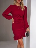 Kadın Uzun Kollu Bisiklet Yaka önden Volanlı Ithal Krep Elbise thumbnail 3