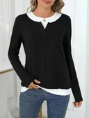 Kadın Uzun Kollu V Yakalı çift Renkli Viskon Iki Iplik Bluz thumbnail 5