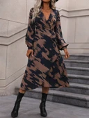 Kadın Uzun Kollu Kruvaze Yakalı Yandan Bağlamalı Desenli Mini Modal Elbise thumbnail 3