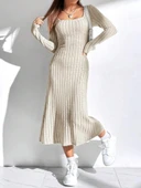 Kadın Uzun Kollu Kare Yaka Midi Kaşkorse Elbise thumbnail 1