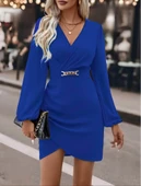 Kadın Uzun Kollu Kruvaze Yaka Yandan Büzgülü Asimetrik Detaylı Ithal Krep Mini Elbise thumbnail 5