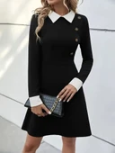 Kadın Uzun Kollu Yakalı A Kesim Kısa Ithal Krep Elbise thumbnail 9