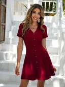 Kadın Kısa Kollu V Yaka önü Düğmeli Viskon Elbise thumbnail 6