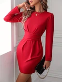 Kadın Uzun Kollu Bisiklet Yaka Bel Kemer Detay Ithal Krep Elbise thumbnail 5