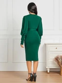 Kadın Uzun Kollu Bisiklet Yaka Beli Kuşaklı Ithal Krep Midi Elbise thumbnail 4