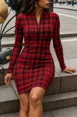 Kadın Uzun Kollu Fermuarlı Ekose Baskılı Dalgıç Elbise thumbnail 1