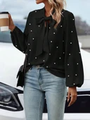 Kadın Uzun Kollu Yakadan Fiyonklu Incili Ithal Krep Bluz thumbnail 3