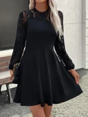 Kadın Uzun Kollu Dantelli Kloş Mini Ithal Krep Elbise thumbnail 1