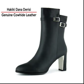 Erkan Saçmacı Siyah Hakiki Dana Derisi Tokalı Fermuarlı Sivri Burun Kalın Topuklu Günlük Yarım Çizme - 7