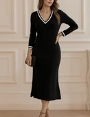 Kadın Uzun Kollu V Ribana Yakalı Yanlardan Yırtmaçlı Midi Viskon Iki Iplik Elbise thumbnail 11