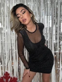 Kadın Uzun Kollu Yuvarlak Yaka Dekolteli Taşlı Dalgıç Elbise thumbnail 12