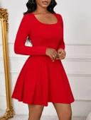 Kadın Uzun Kollu Kare Yakalı Mini Ithal Krep Elbise thumbnail 5