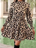 Kadın Uzun Kollu Yarı Balıkçı Yaka Leopar Desenli Modal Mini Elbise thumbnail 1
