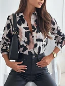 Kadın Uzun Kol Cep Detay Leopar Baskılı Mosskrep Kumaş Gömlek thumbnail 2