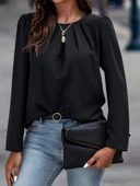 Kadın Uzun Kollu Yuvarlak önden Pileli Ithal Krep Bluz thumbnail 5