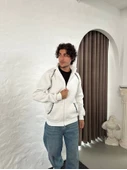 Erkek Oversize Dik Yaka Fermuarlı Sweatshirt - Zincir Nakışli Kanguru Cepli - Beyaz thumbnail 4