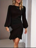 Kadın Uzun Kollu Bisiklet Yaka önden Volanlı Ithal Krep Elbise thumbnail 3