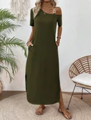 Kadın Tek Omuzdan Açık Toka Detaylı Yandan Yırtmaçlı Maksi Boy Viskon Elbise thumbnail 6