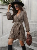 Kadın Uzun Kollu Kruvaze Yakalı Kuşaklı Desenli Kısa Modal Mini Elbise thumbnail 5