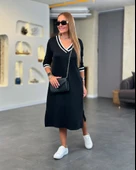 Kadın Uzun Kollu V Ribana Yakalı Yanlardan Yırtmaçlı Midi Viskon Iki Iplik Elbise thumbnail 3