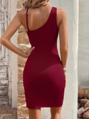 Kadın Tek Omuzu Ip Askılı Kruvaze Yakalı Belden Düğmeli Asimetrik Kesim Detaylı Kaşkorse Elbise thumbnail 2