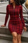Kadın Uzun Kollu Fermuarlı Ekose Baskılı Dalgıç Elbise thumbnail 3