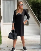 Kadın Uzun Kollu V Yaka şeritli Iki Iplik Salaş Elbise thumbnail 1