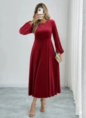 Kadın Uzun Kollu Bisiklet Yaka Midi Kadife Elbise thumbnail 4