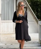 Kadın Uzun Kollu V Yaka şeritli Iki Iplik Salaş Elbise thumbnail 2