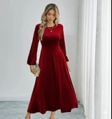 Kadın Uzun Kollu Bisiklet Yaka Midi Kadife Elbise thumbnail 3
