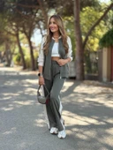 Kadın Hakim Yaka şerit Detay Hırka Ve Bol Paça Pantolon Ikili Takım thumbnail 4