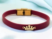 14 Ayar Altın Plakalı İsme Özel Taç Figürlü Doğal Koyu Kırmızı Derili Hediye Bileklik-625 thumbnail 1