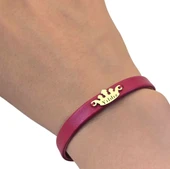 14 Ayar Altın Plakalı İsme Özel Taç Figürlü Doğal Koyu Kırmızı Derili Hediye Bileklik-625 thumbnail 3