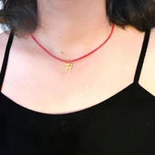 14 Ayar Altın Plakalı İsme Özel Kalp Detaylı Diş Figürlü Kırmızı Bağlıklı Hediyelik Kolye-627 thumbnail 2