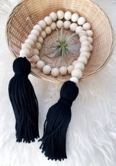 Siyah Ponponlu Ahşap Doğal Boncuklu Dekoratif Çok Amaçlı Süs (50cm) - 1