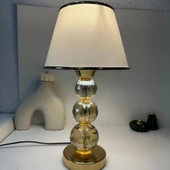 Mooncher Cam Gövdeli Gold Metal Abajur Altın Şeritli Krem Kumaş Başlık Gece Lambası thumbnail 5