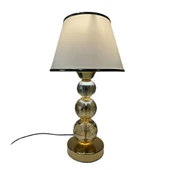 Mooncher Cam Gövdeli Gold Metal Abajur Altın Şeritli Krem Kumaş Başlık Gece Lambası thumbnail 6