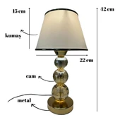 Mooncher Cam Gövdeli Gold Metal Abajur Altın Şeritli Krem Kumaş Başlık Gece Lambası thumbnail 4