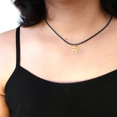 14 Ayar Altın Plakalı İsme Özel Kalp Detaylı Diş Motifli Siyah Bağlıklı Hediyelik Kolye-629 thumbnail 2