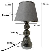 Mooncher Cam Gövdeli Krom Metal Abajur Gümüş Şeritli Gri Kumaş Başlık Gece Lambası thumbnail 5